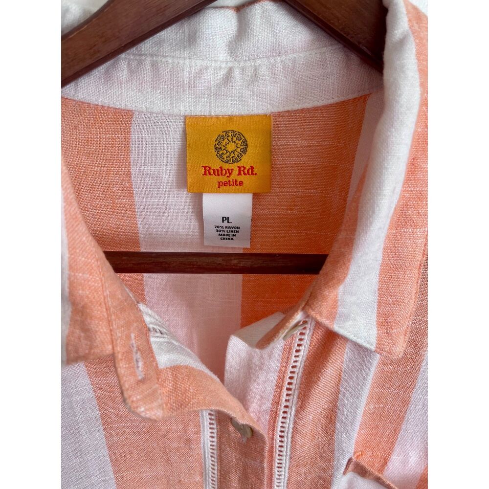 Ruby Rd petite orange/white striped linen button down blouse large - Picture 3 of 4
